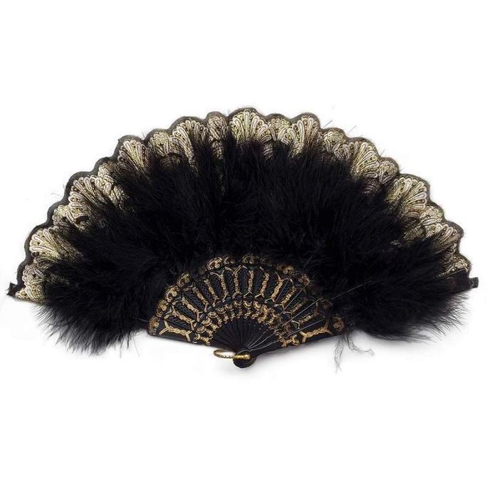 BOWTEKH Kipas Bulu Putih Merah Hitam / Kipas Tangan Lipat Bulu / Kipas Fashion Bulu PROTOK