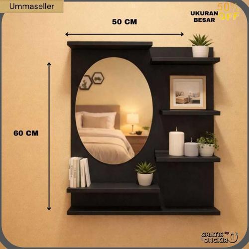 Rak Cermin Dinding Minimalis Serbaguna | Rak Tempel Kamar Estetik | Makeup Organizer+Cermin Gantung 