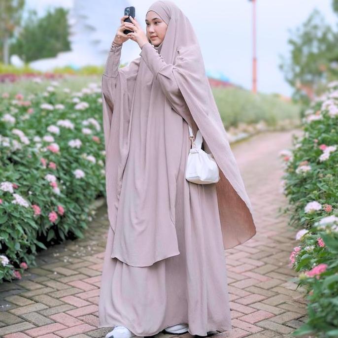 Medina One Set Syar'I Umrah Haji Abaya + Long French Khimar Gamis Umroh Wanita Dress Muslim Cey Iron