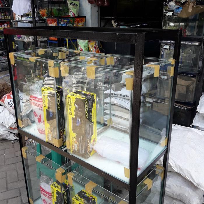 PAKET AQUARIUM 3 SUSUN .40X50X50 KACA FULL 5 MILI RAK BESI SIKU