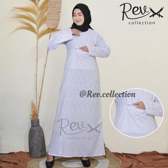 Gamis Haji Umroh Wanita Berkantong Depan Katun Paris Hitam & Putih Bordir