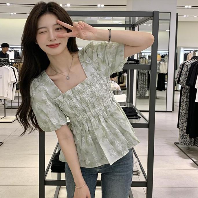 KEKINIAN yikoo-Blouse multi-warna korea blus lengan pendek motif bunga atasan wanita KEKINIAN