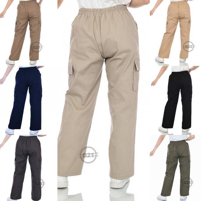 Wokex- Celana Kulot Kargo Panjang Wanita Model Pinggang Karet Belakang Hitam Twill Katun Melar Nyama