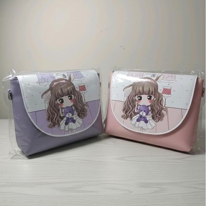 Abak- Miniso Tas Selempang Anak Perempuan Karakter Princess Fashion Warna Pink & Lilac Bahan Miniso 