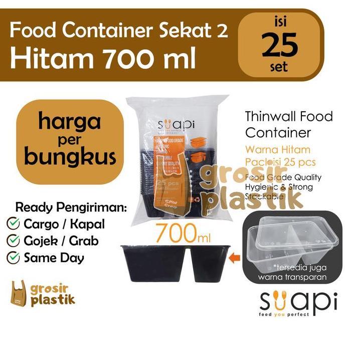 T158 TEPAK MAKAN SUAPI 700 ML SEKAT 2 ISI 25 THINWALL HITAM ISO - GROSIR PLASTIK FYP