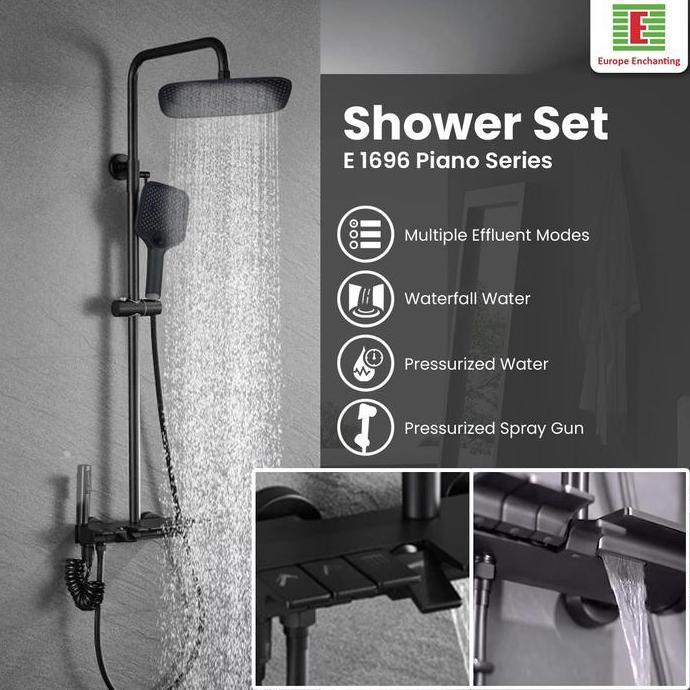 ENCHANTING SHOWER SET BRASS KUNINGAN KERAN MANDI 4 MODE FUNGSI BLACK DESIGN LED PIANO SERIES | SHOWE