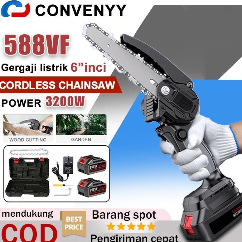 Convenyy Gergaji Rantai 6 Inci Tanpa Kabel 588Vf Gergaji Rantai Mini Elektrik Pemotong Kayu Portabel