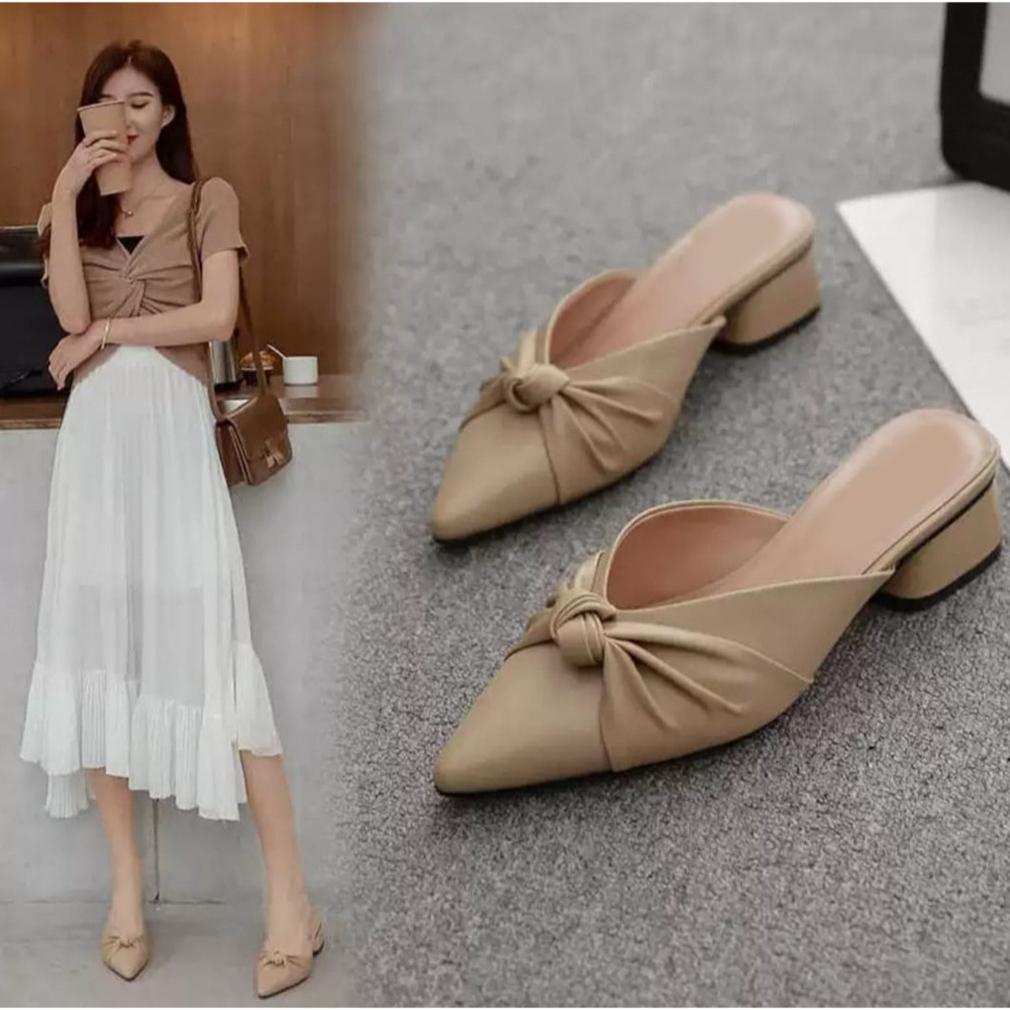 Jejak Flat Mules Wanita Tertutup Cantik Hak 4cm Warna Hitam Cream Moka Size 36-40 (CK564) [S2]