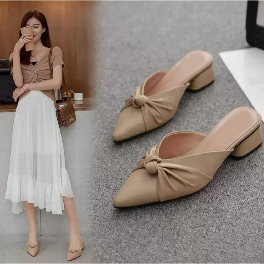 Jejak Flat Mules Wanita Tertutup Cantik Hak 4cm Warna Hitam Cream Moka Size 36-40 (CK564) [S2]
