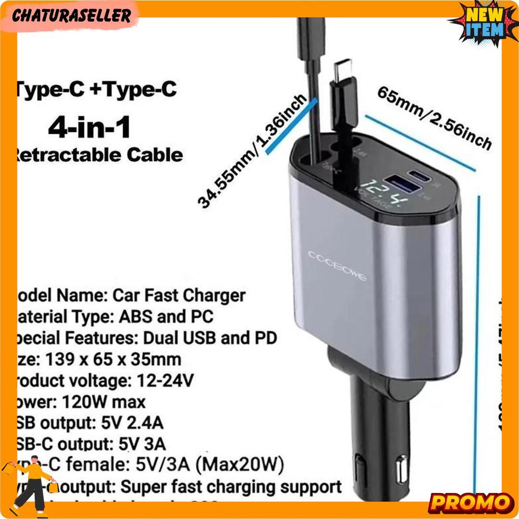 Cod Charger Mobil 200W Super Fast Charging Usb Type C 4 Port Digital Display Tegangan Charger Mobil 