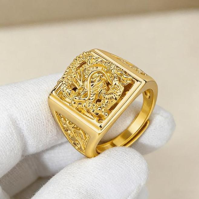 Cincin Halus Emas Ukiran Naga Pria Buka Cincin Pria Perhiasan Ayah Anak Lakilaki Hadiah