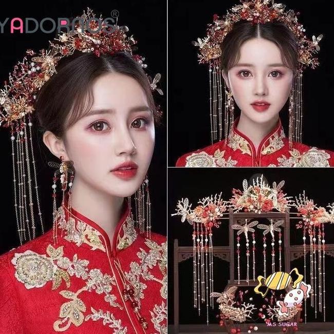Yadornos Tiara Pengantin Wanita Menunjukkan Pakaian Wo Toast Pakaian Kepala Tassel Phoenix Crown Acc