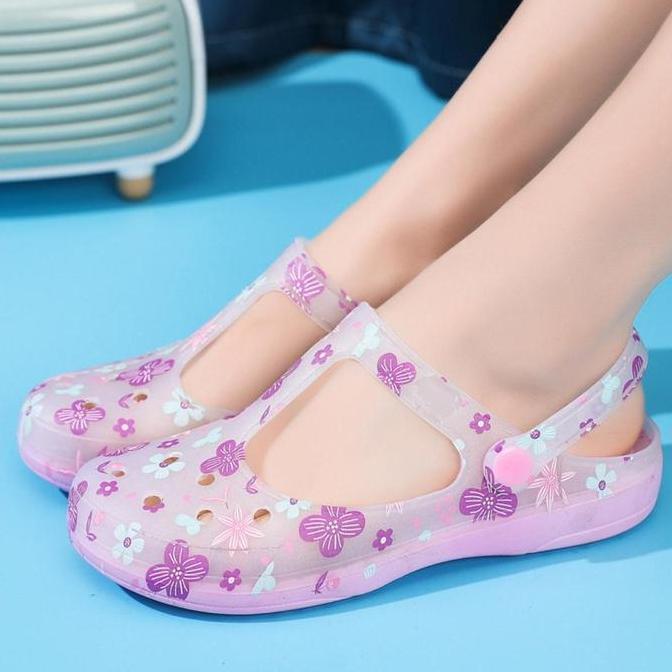 PREMIUM VEBLEN OFFICIAL STORE Sendal Sepatu Motif Bunga Bahan Jelly Bening Transparan Coklat Karet P