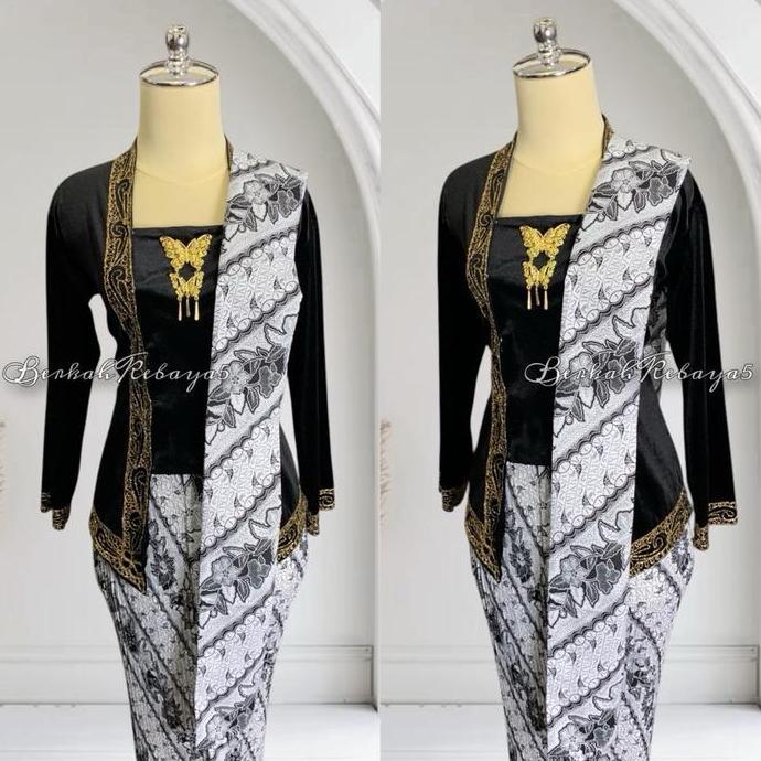 wigunadarmahi - setelan kebaya kutu baru bordir warna hitam / kebaya + selendang + jarik wiru