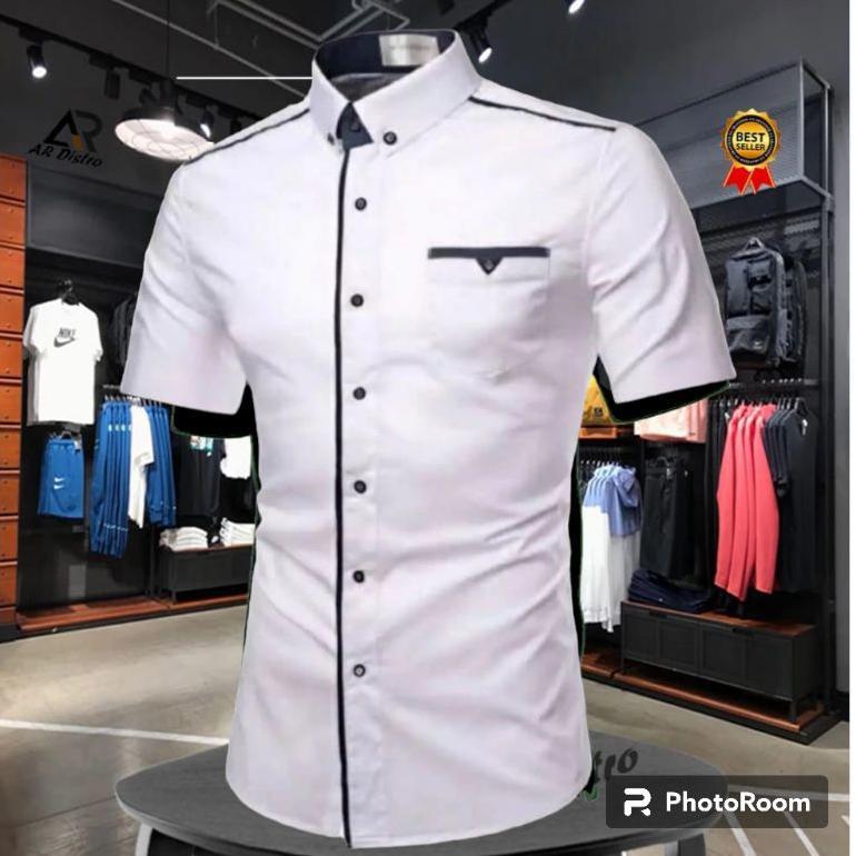 PREMIUM KEMEJA PRIA POLOS LIST M L XL XXL JUMBO | KEMEJA HEM FORMAL SLIM FIT PRIA | HITAM PUTIH POLO