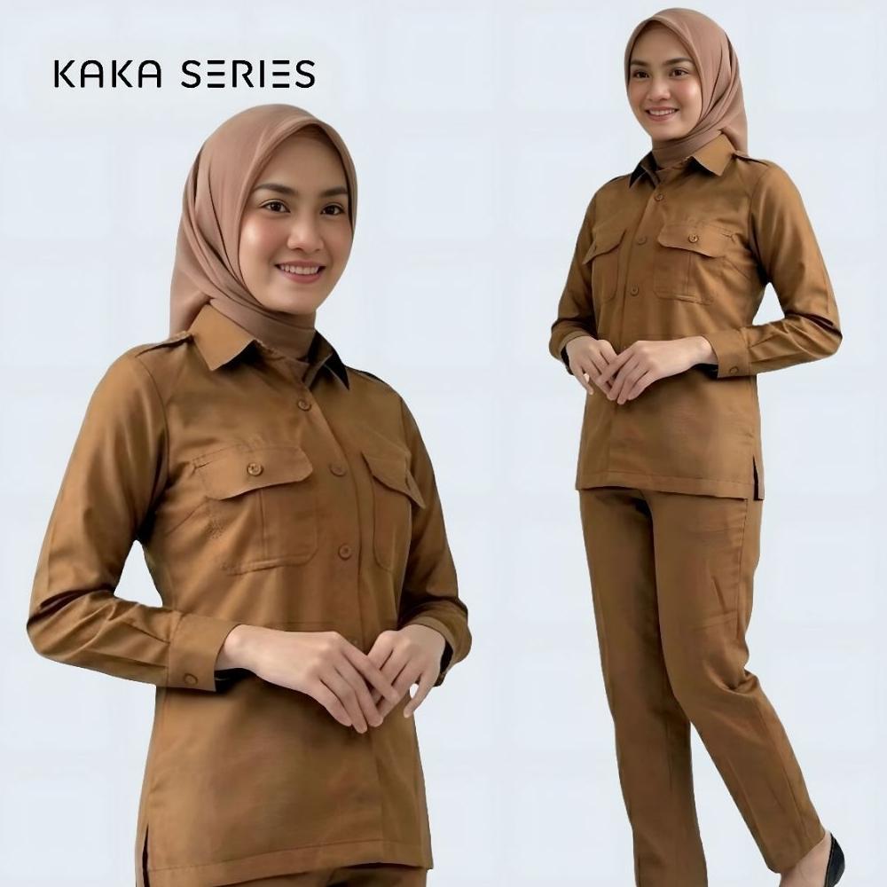 PREMIUM BAJU PNS WANITA KHAKI TUA KEMEJA SET CELANA DAN ROK | SERAGAM DINAS KEKI TUA