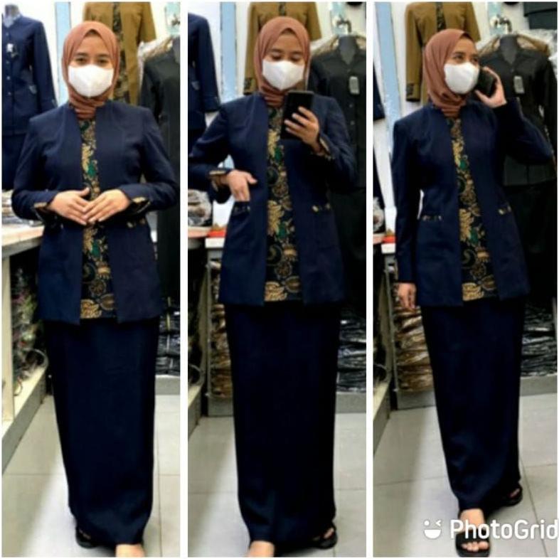 PREMIUM SETELAN SERAGAM KERJA BIRU DONGKER GURU WANITA BLAZER WARNA NAVY  JAS GURU PDH SERAGAM PNS