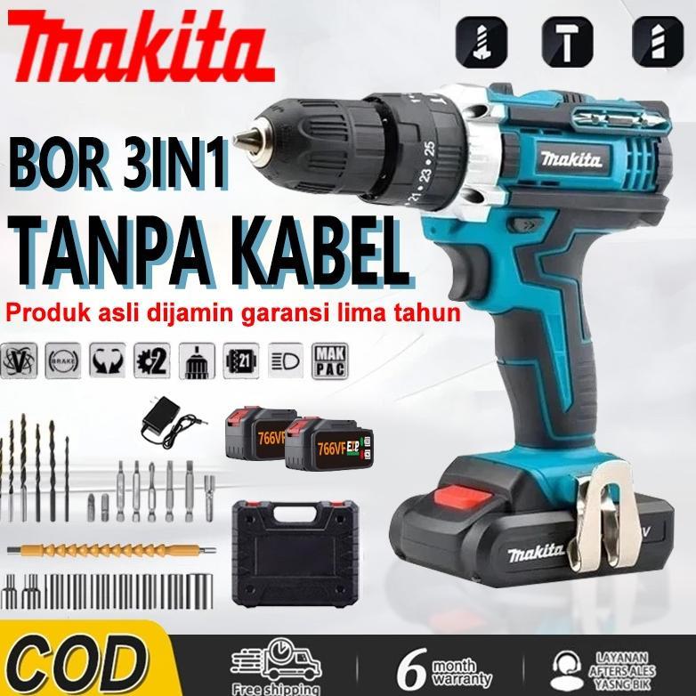 MAKITA Mesin Bor Baterai 766V/388V 2Baterai Cas 10mm Bor Listrik Murah Bor Tangan Bor Listrik Murah 