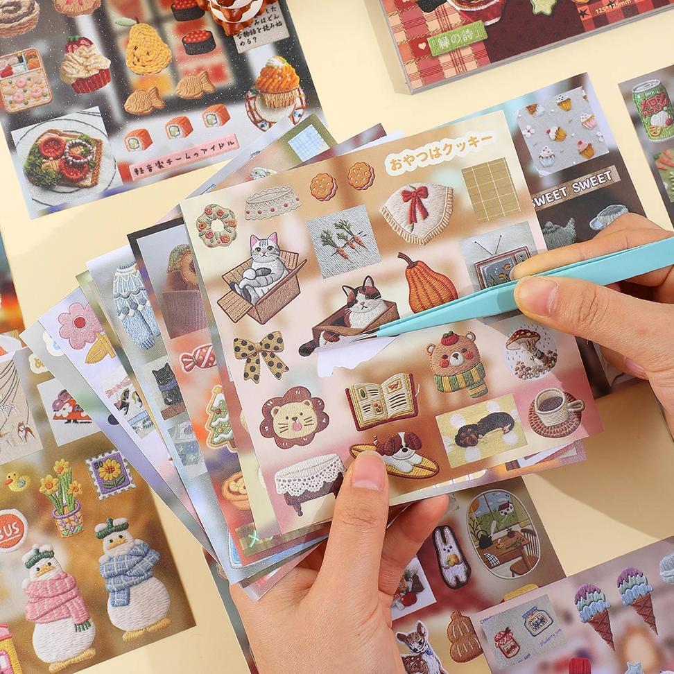 30 Sheets Embroidery Style Stickers Book With Kawaii Food Animal Embossed Design for Scrapbooking Jo