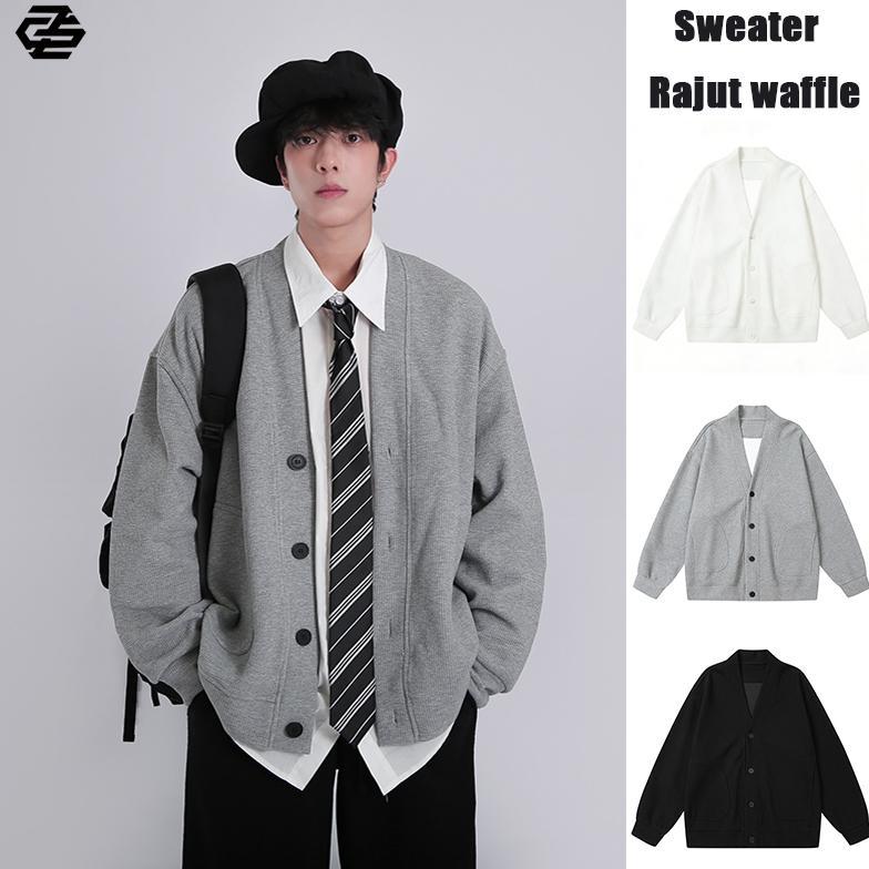 Cardigan Oversize Wafel Sweater Cardigan Pria Cardigan Rajut Santai Model Oversize Outer Cardigan Un
