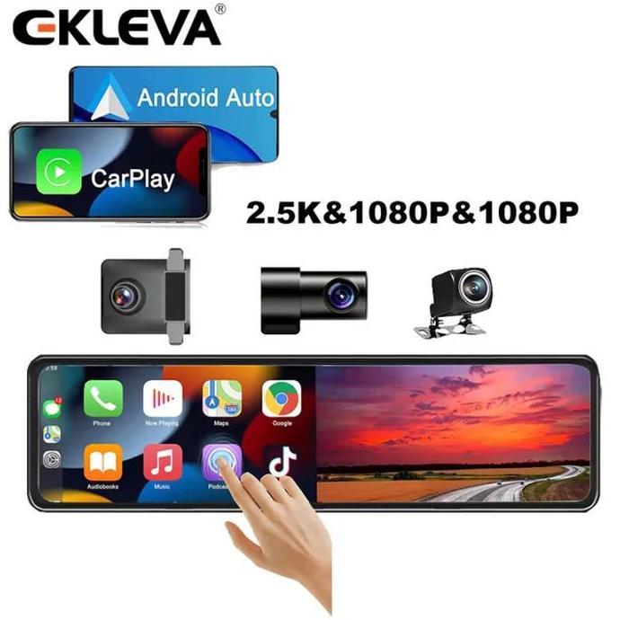 EKLEVA Dashcam Mobil 3 Kamera 11.26 Inci 2.5K Layer Sentuh DVR Mobil Bluetooth WIFI G-Sensor Monitor