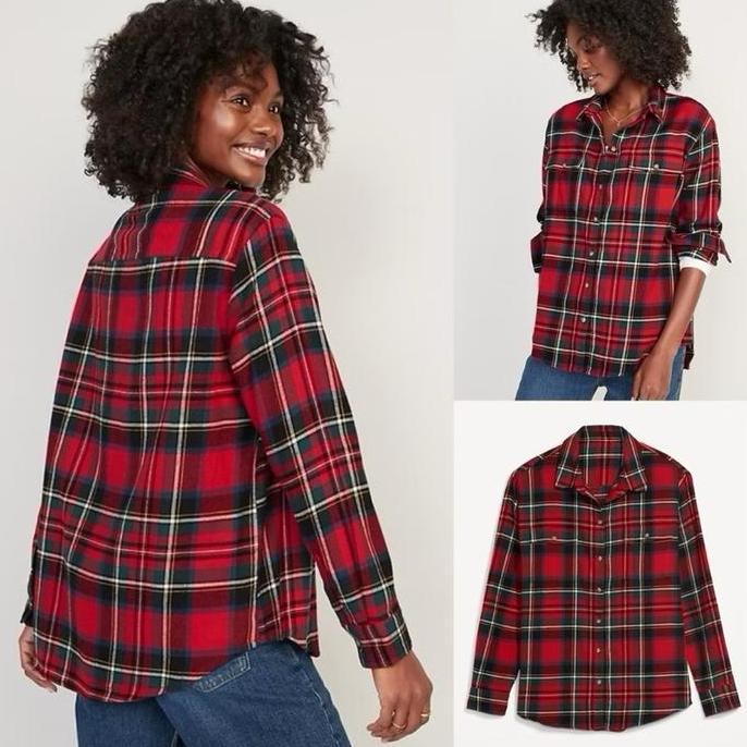 Red Plaid Flannel Boyfriend Tunic Shirt Terbaru 