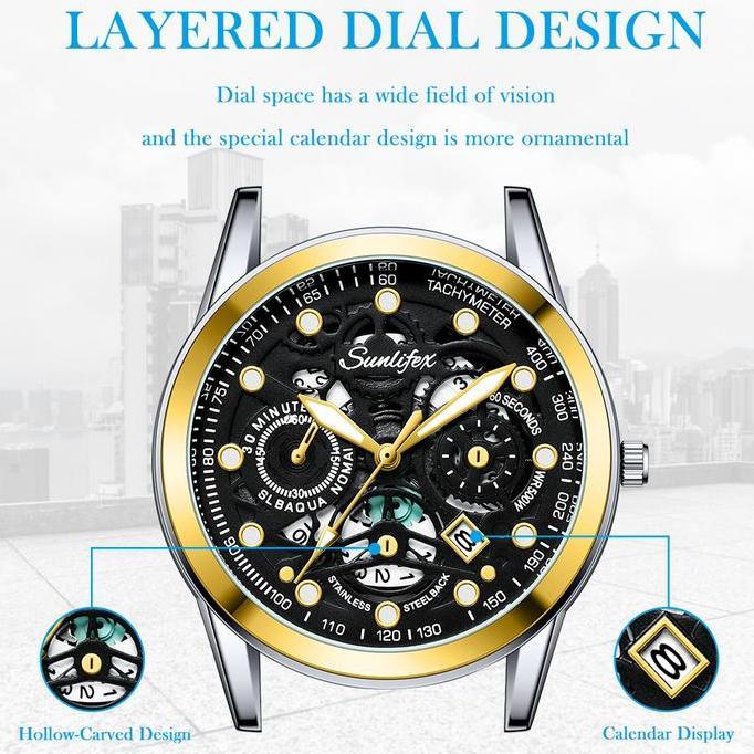 Boshi- Sunlifex Jam Tangan Pria Display Kuarsa Anti Air Tali Stainless Steel Santai Mode Jam Tangan 