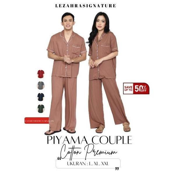 LEZAHRASNATURE Piyama Lengan Pendek Couple Pria Wanita Setelan Baju Tidur Katun Premium Adem Size L-