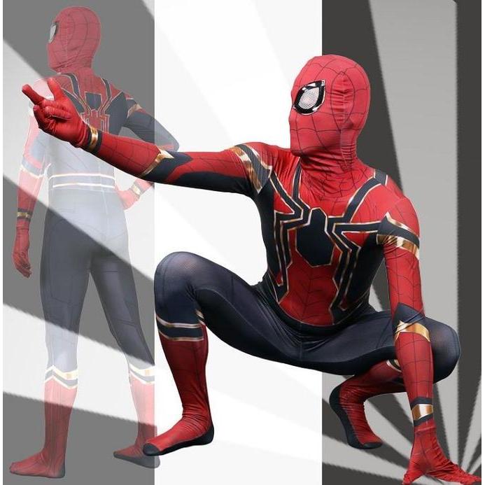 Dewasa Kostum Spiderman Merah Hitam Baju Cosplay Superhero  + Topeng