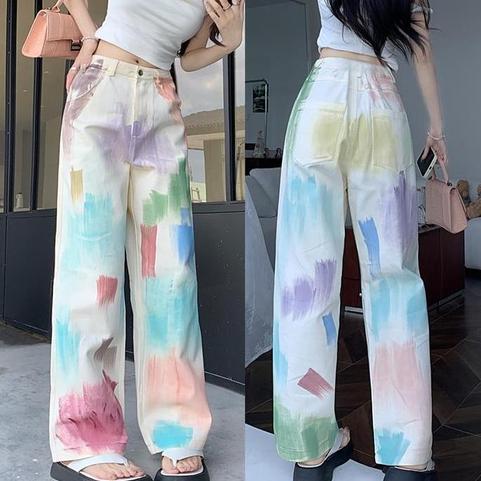 Jeans Longgar Lurus Wanita Warna Grafiti Kaki Lebar Pinggang Tinggi Gaya Korea Chic Colorful Highwai