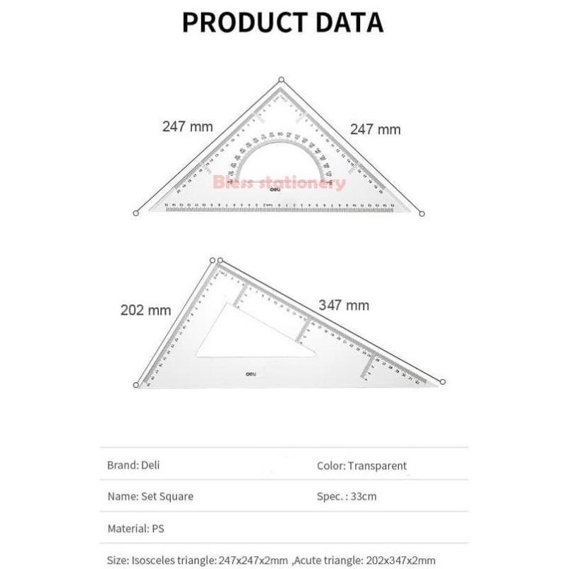 Deli Penggaris segitiga 33cm dan 20cm mistar busur Penggaris siku Triangle ruler PM