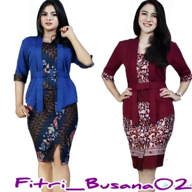 BESTPROMO Set Baju Kebaya Modern Batik Kutubaru Pendek Pita Etp Warna Maroon Pakaian Tradisional Unt