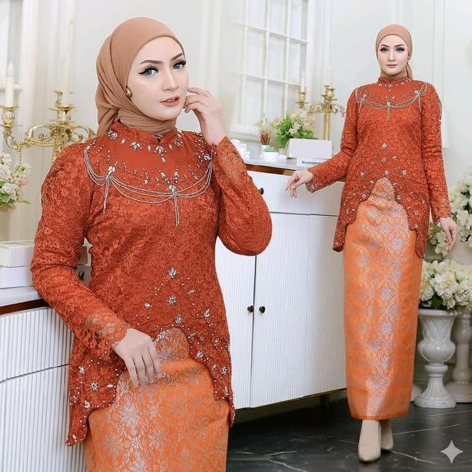 (Free Hijab) Setelan Kebaya Pesta Model Terbaru Kebaya Lili Brukat Ronce Mix Bawahan Songket Tenun M