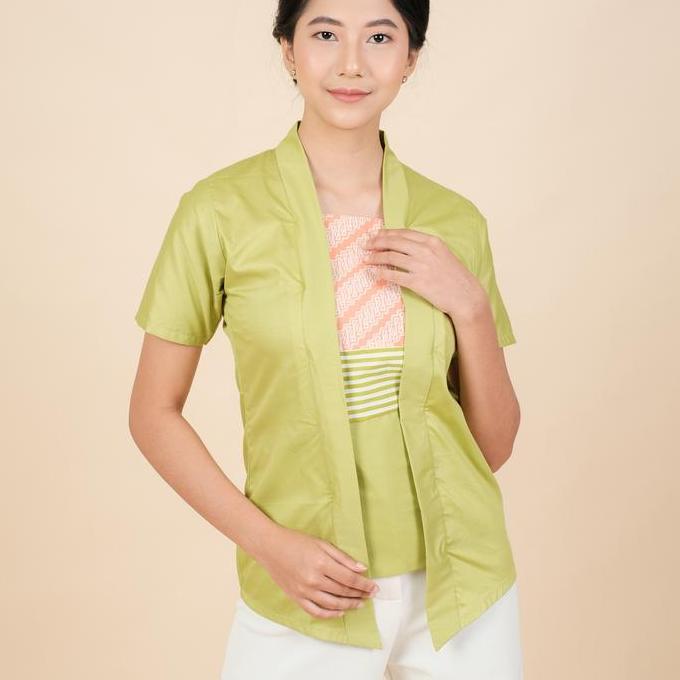 Kebaya Batik Kutubaru 2 in 1 Lengan Pendek Meradelima Katun Hijau Olive Muda