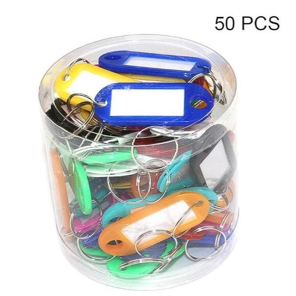 WISZCA 1 box isi 50 Gantungan Kunci Label Nama Key Ring Plastik Name Tag Keychain Personalisasi Pena