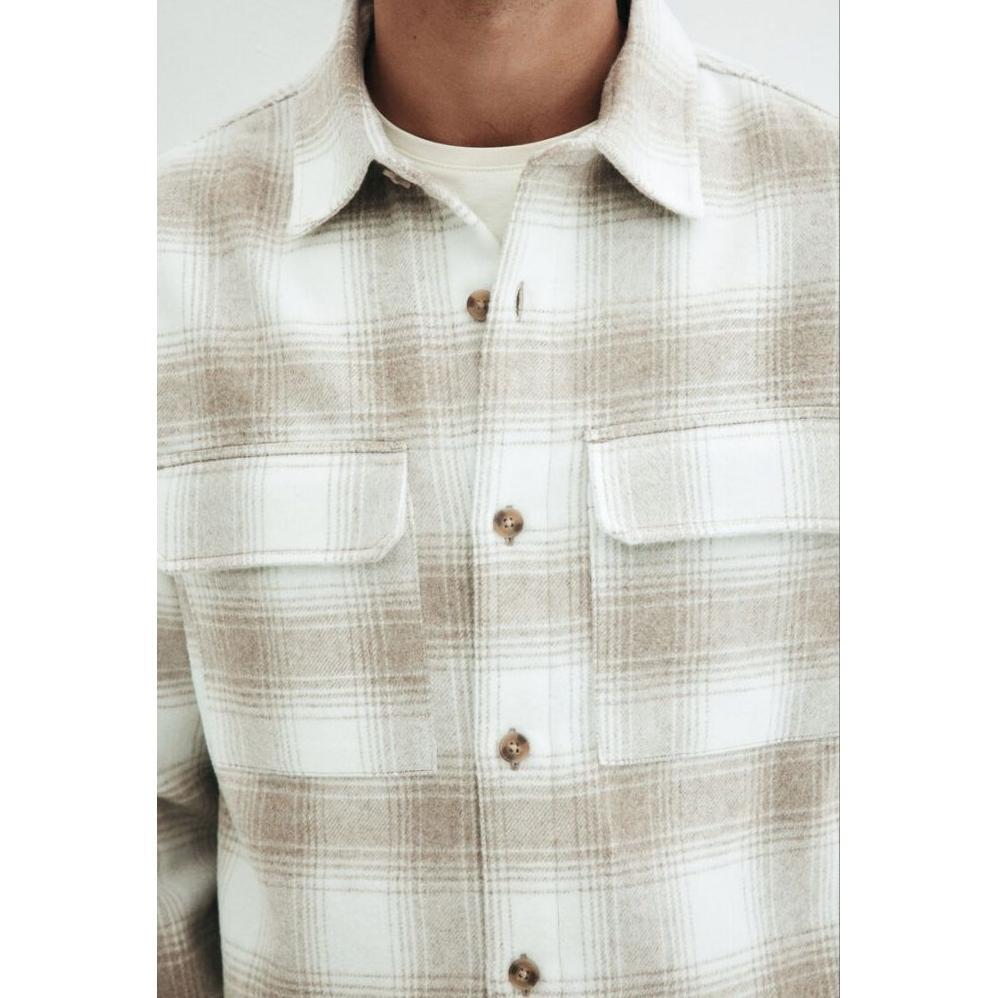 New Hm Overshirt Shacket Flannel Pria Original Beige Plaid Kemeja Kotak-Kotak Tebal Premium Kemeja P