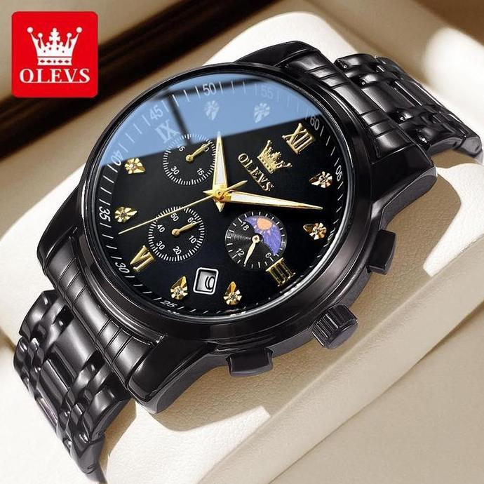 OLEVS Jam Tangan Pria Original Anti Air Tahan Led Sport Analog Chronograph Stainless Steel Watches M