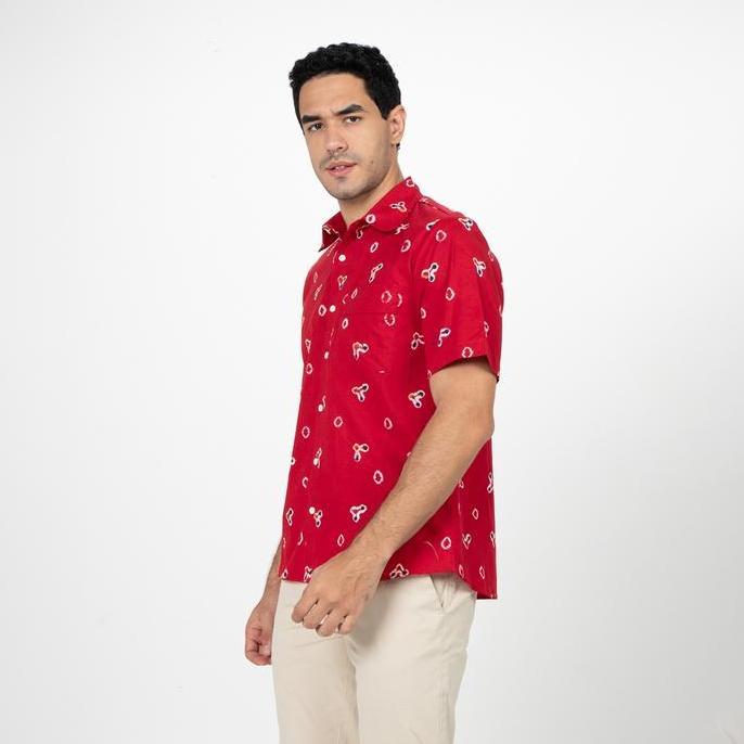 Kemeja Batik Pria Renggas Kemeja Batik Jumputan Lengan Pendek Sekouwit - Red