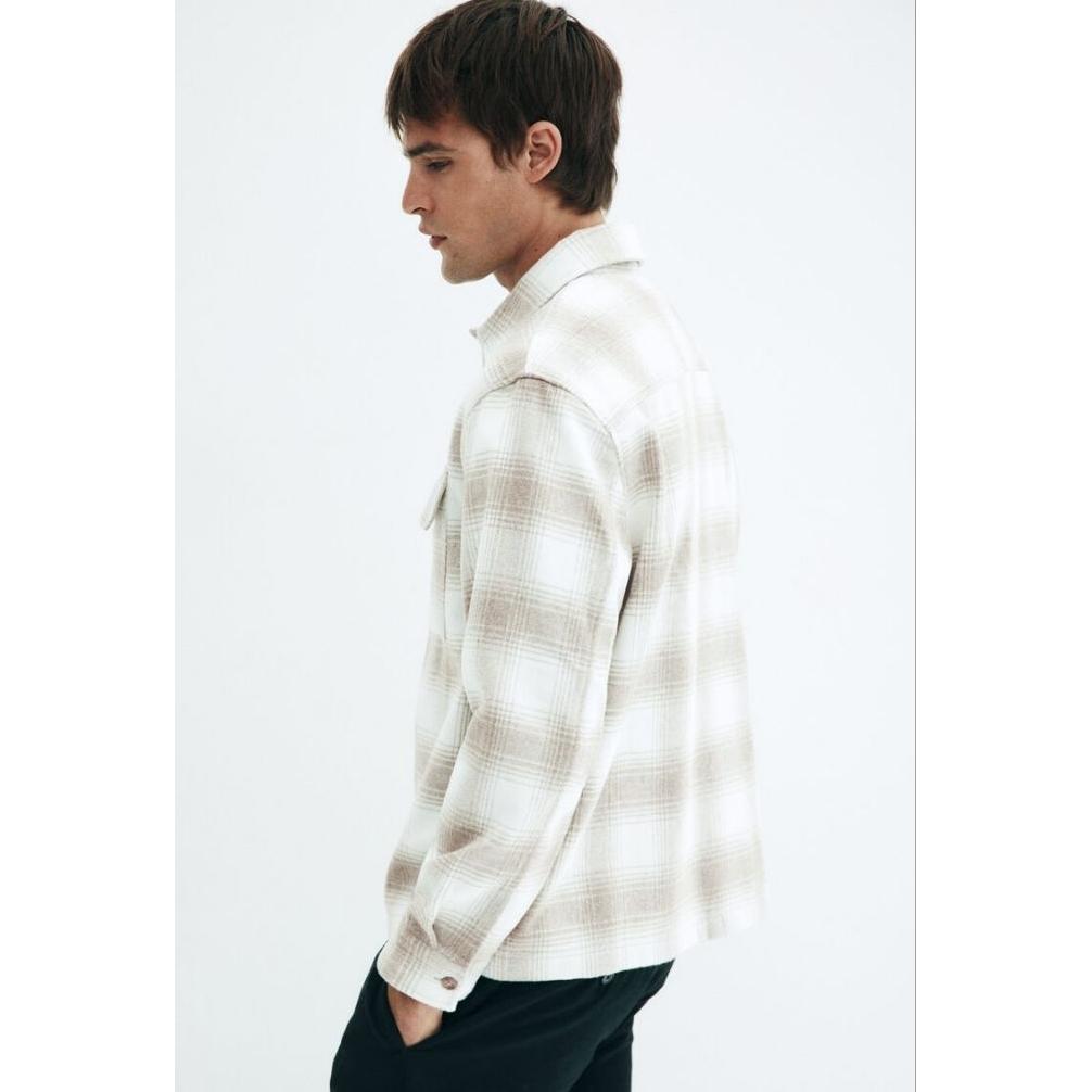 PROMO TERBARU HM OVERSHIRT SHACKET FLANNEL PRIA ORIGINAL BEIGE PLAID KEMEJA KOTAK-KOTAK TEBAL PREMIU