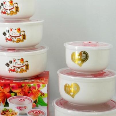 Mangkok Keramik Susun Tutup Anti-Bocor/ Mangkok Keramik 3In 1 + Tutup