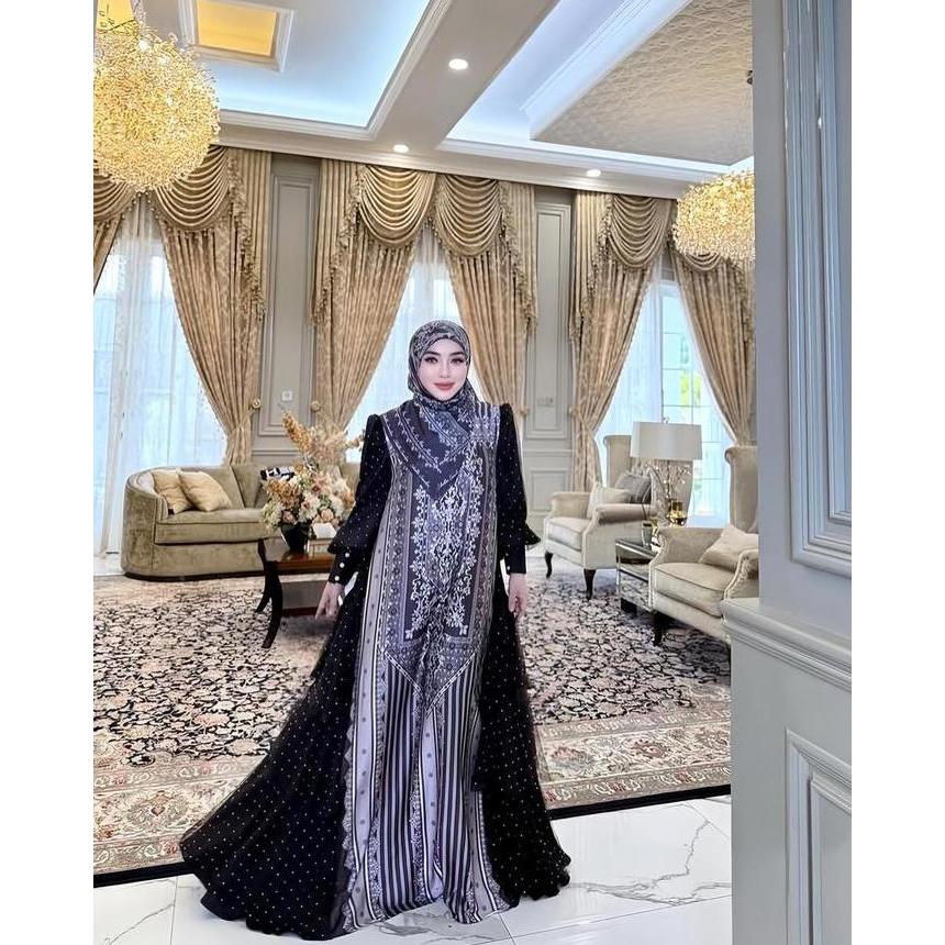 Set Dress Gamis Luxury Maia by Shellasaukia Motif Wanita Panjang Tunik Muslim Formal Hitam Simple Me