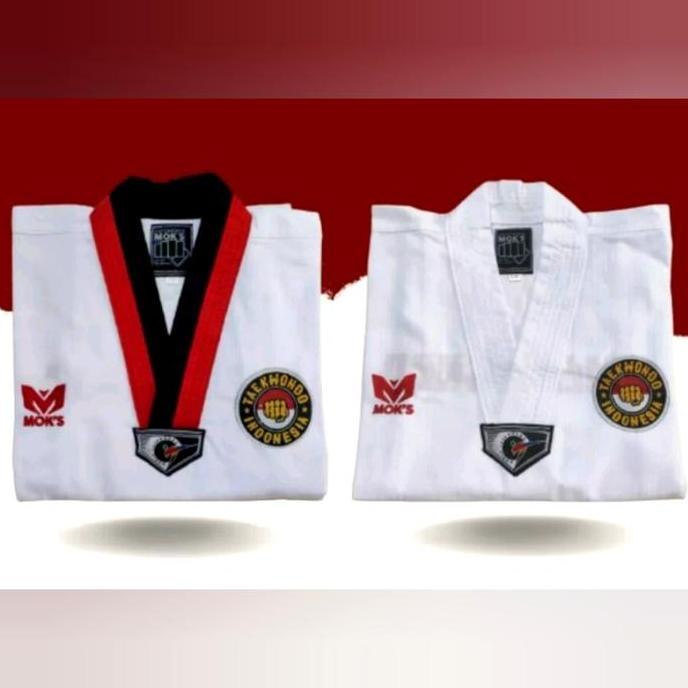 Baju seragam Taekwondo/DOBOK moks pemula MOK'S kerah putih/merah hitam