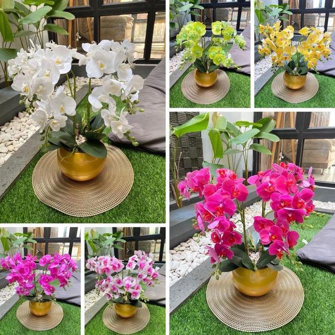 Anggrek Latek Film Premium 8 Cabang Vas Bola Bunga Gold Plastik dengan Batu Coral Diameter 18 cm Tin