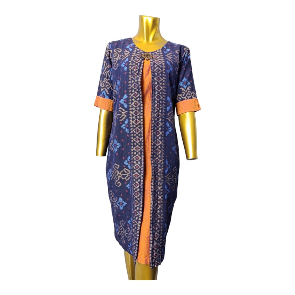 DRESS ENDEK BATIK KHAS BALI DENGAN KOMBINASI 2 WARNA BIRU DAN ORANGE