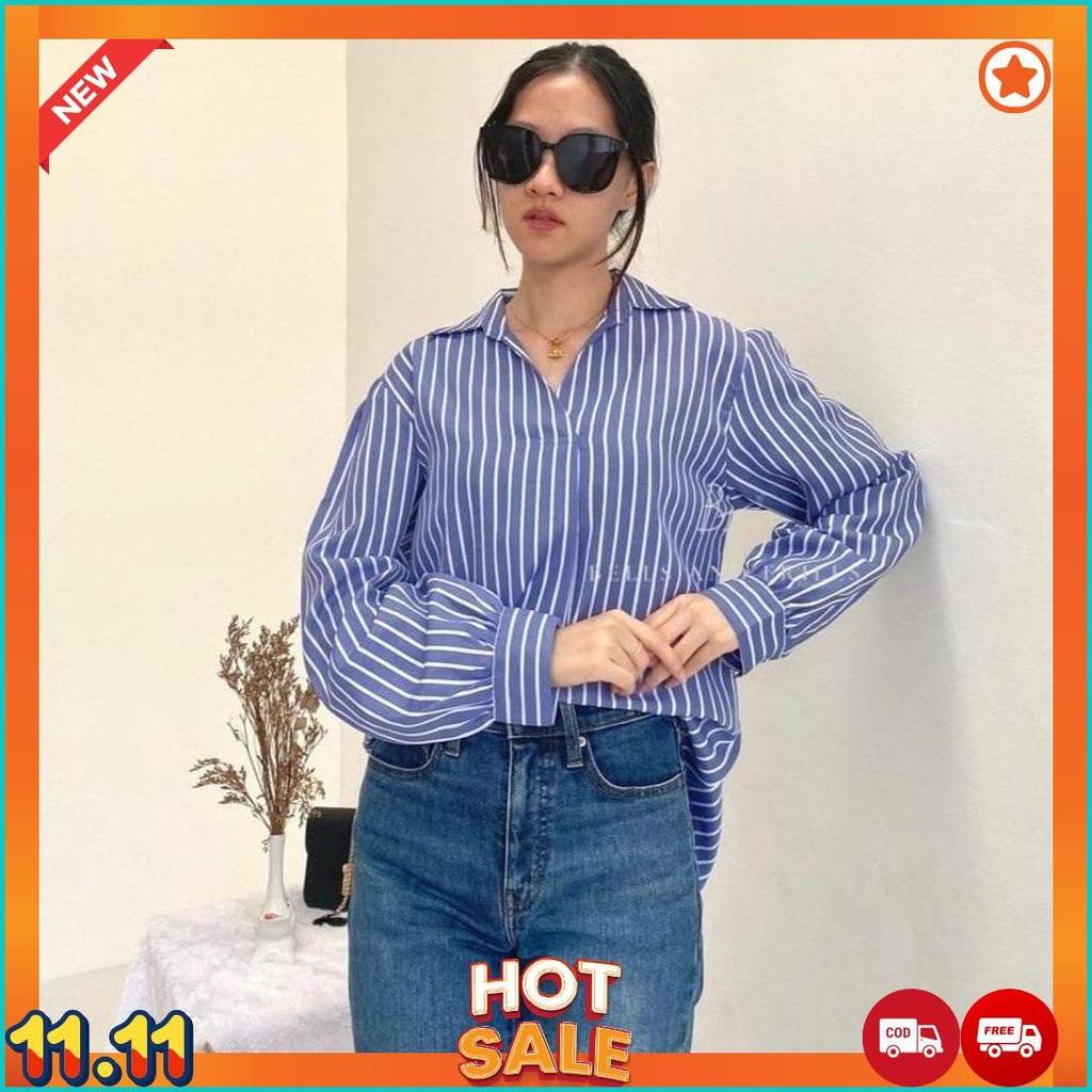VIOLETA Kemeja Stripes Salur / Blouse Wanita Cotton Casual Look / Atasan Kemaja Kantor 0319-Stripes 