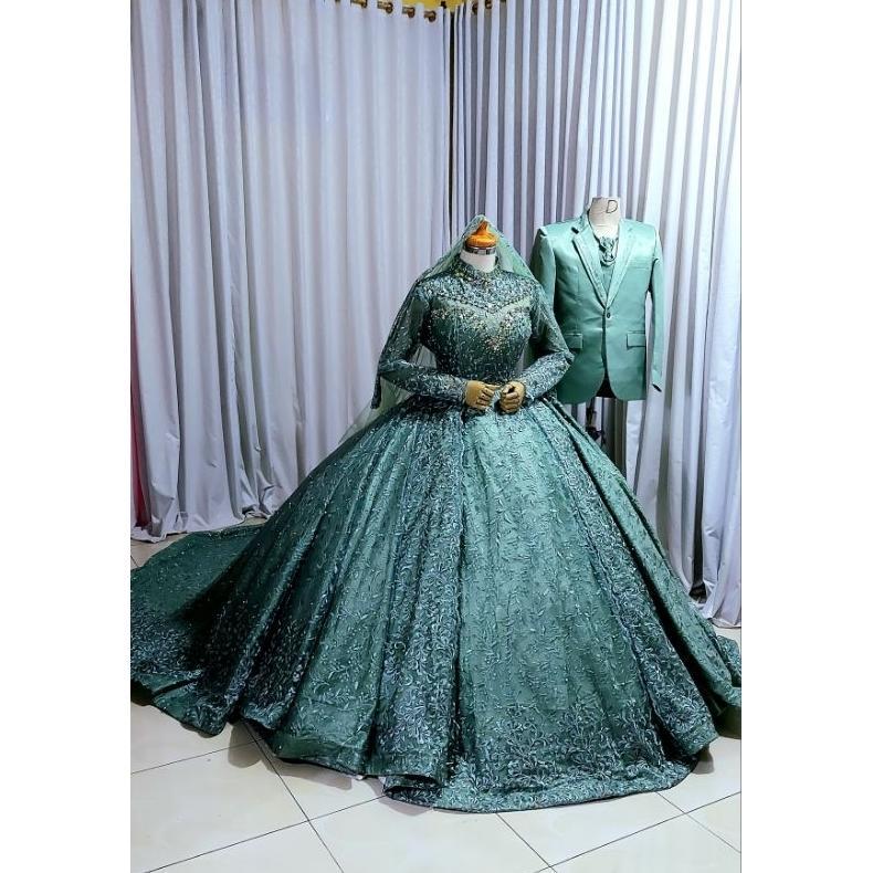 Free Ongkir Sepasang Gaun Pengantin Hijau Wardah Lengkap Jas