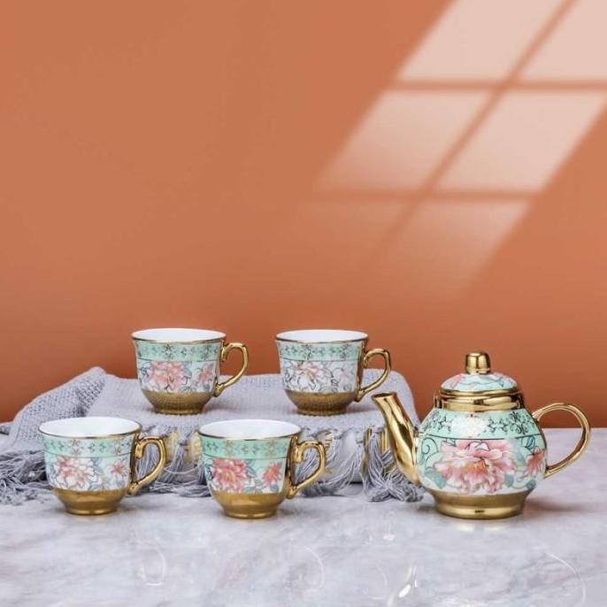 GARAVAR Teko Cangkir Keramik Set 4 Cups 1 Pot Tea Set Motif Bunga Eropa