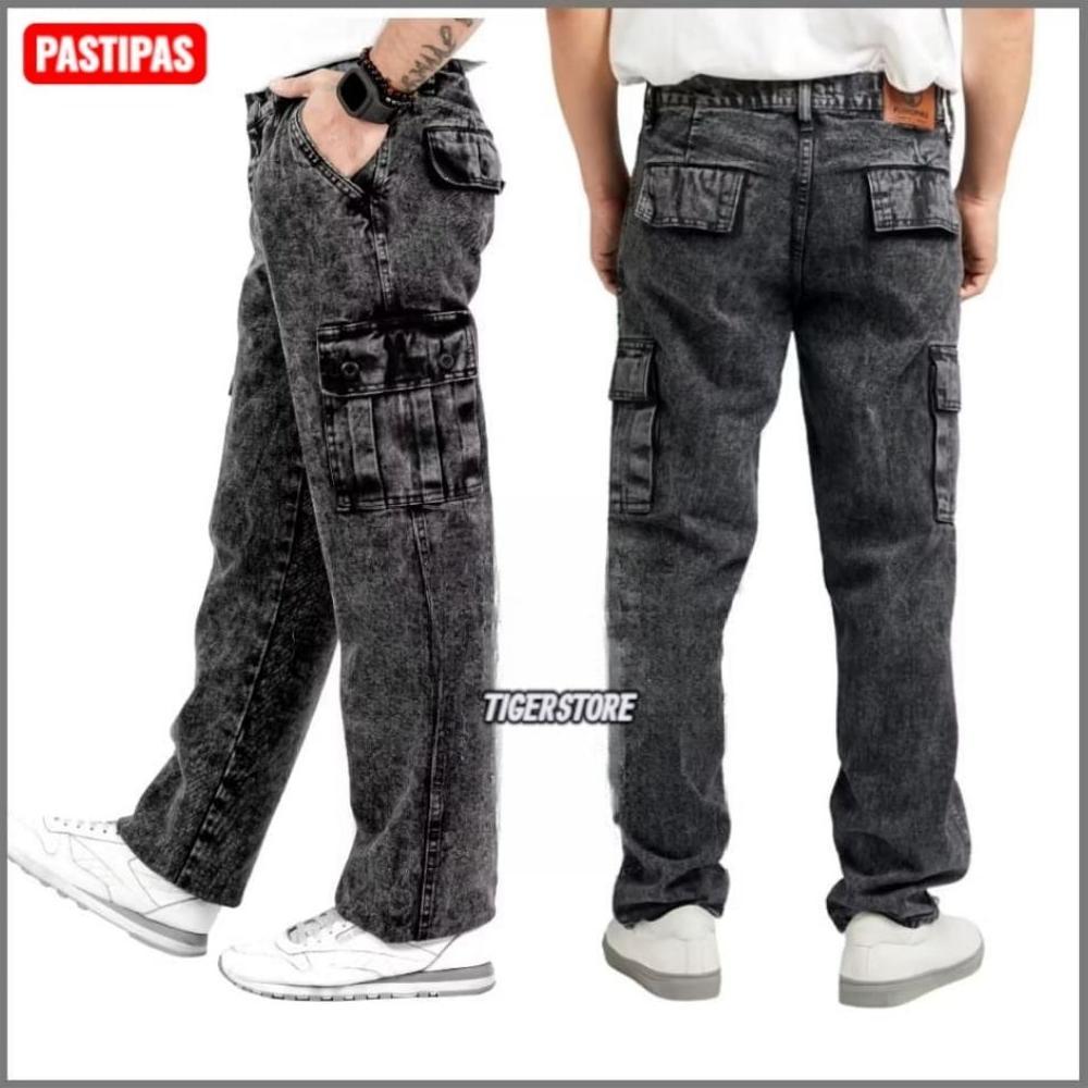 GARANSI Long Cargo Pants Jeans Pria Loose Fit  Nstrech Regular Cargo Jeans Denim Black Sandwash Popu