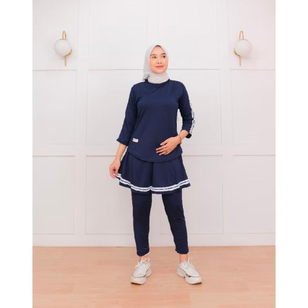 Premium Setelan Baju Olahraga Wanita Muslim Terbaru Leging Rok Skirt Sport Senam Zumba Aerobik Badmi