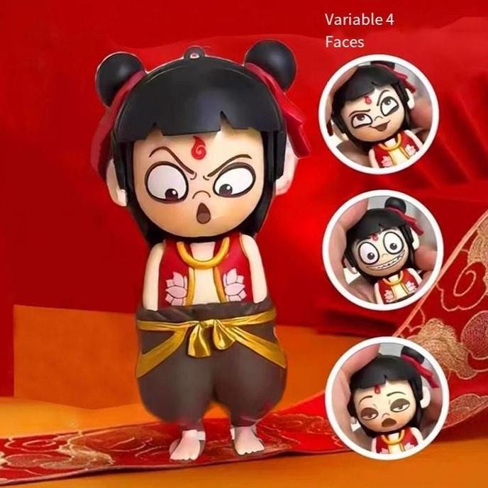 GARAVAR Nezha Menekan Kepala Nezha Paket Emoji Nezha yang Mengubah Wajah Empat Emoticon Acak Keychai